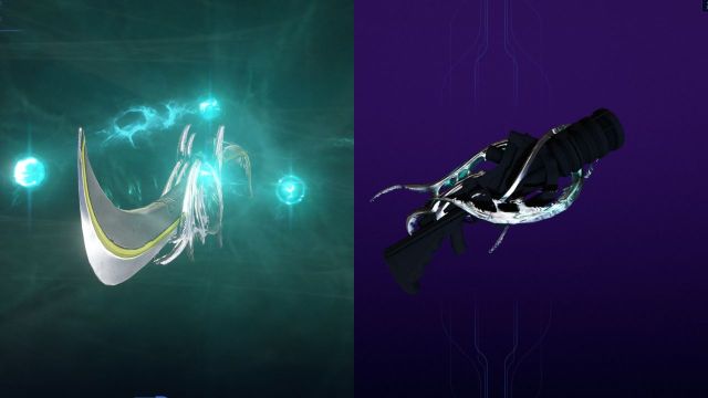 A split image from Warframe showcasing two different weapons: on the left, a glowing, curved blade with ethereal energy and orbs around it in an underwater-like environment; on the right, a sleek, futuristic rifle with intricate design details against a purple background.
