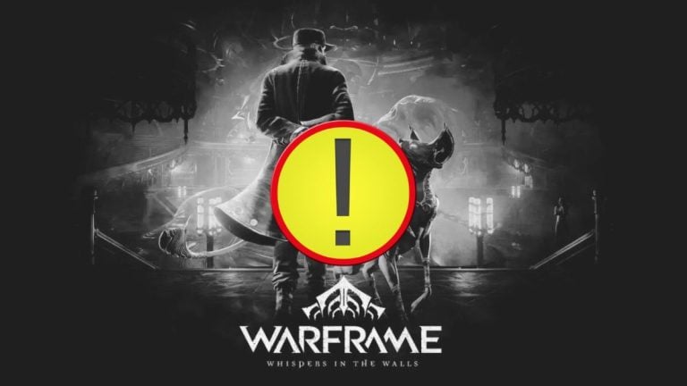 Promotional image for Warframe featuring a monochrome setting with a central exclamation mark symbol.