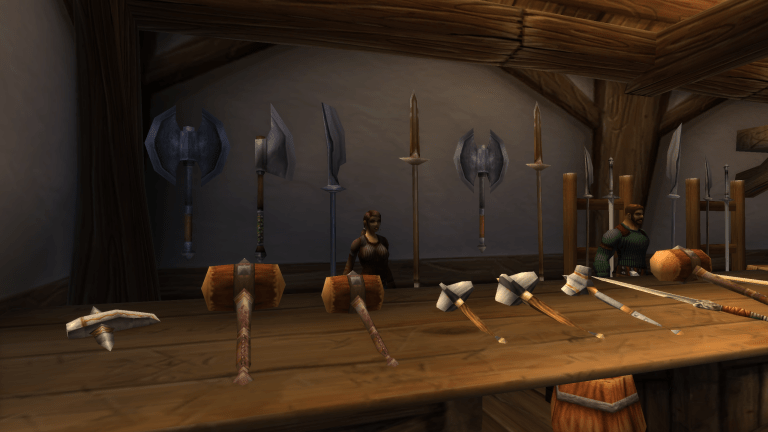 Weapon shop with several weapons on display in Stormwind in WoW Classic