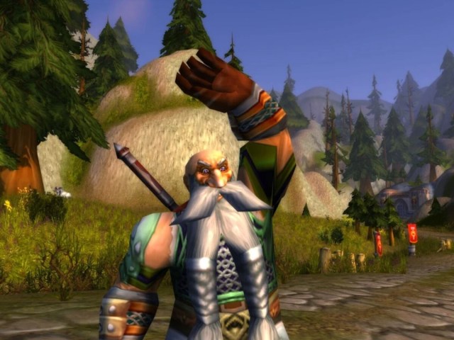 Warcraft Dwarf waving in a forest
