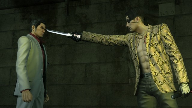 Yakuza Kiwami Majima pointing a knife at Kiryu