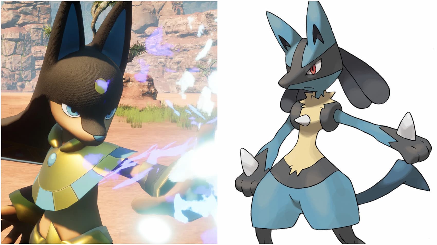 An image of the Palworld Pal Anubis and the Pokemon Lucario