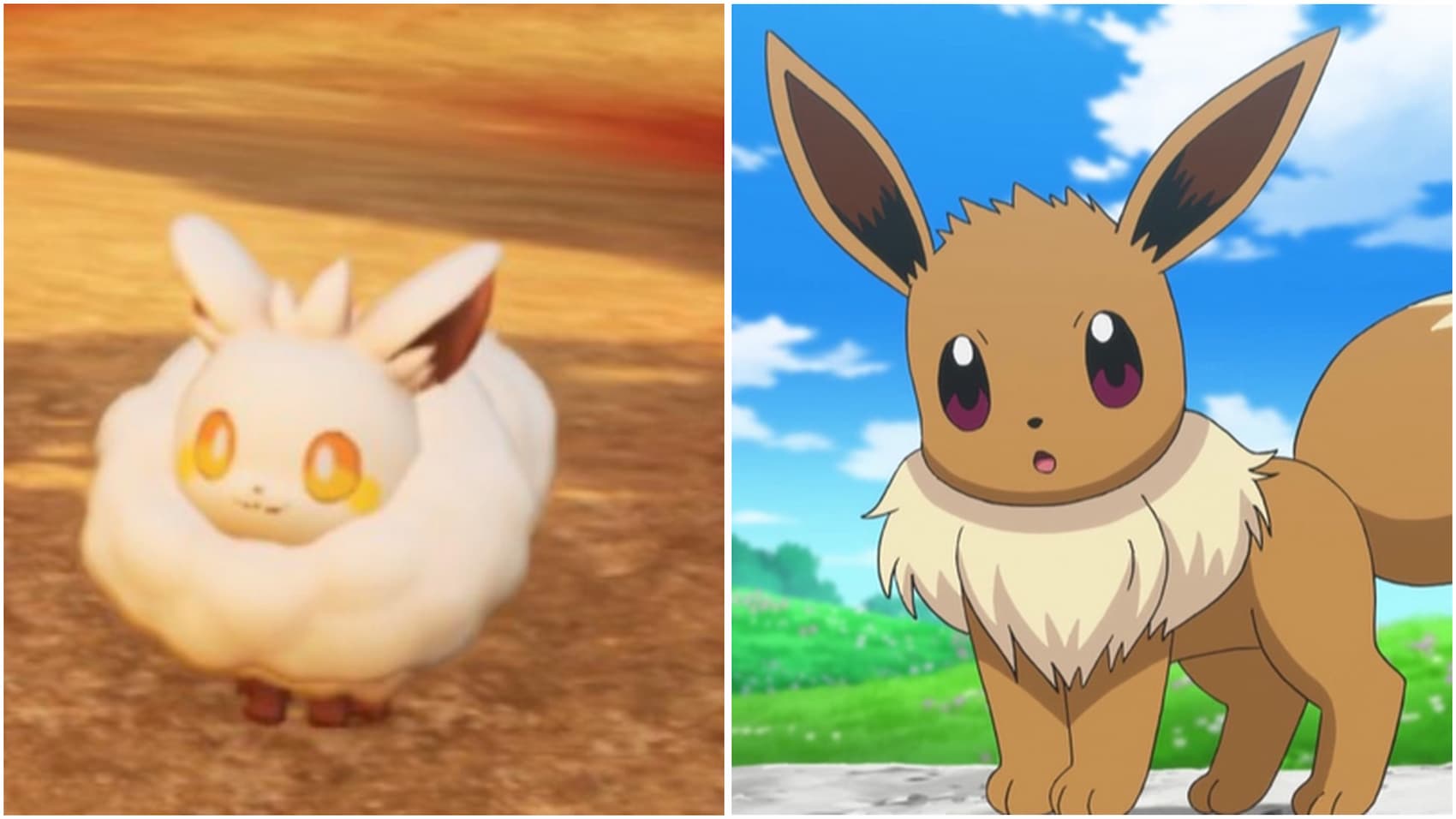 An image of the Palworld Pal Cremis and the Pokemon Eevee.