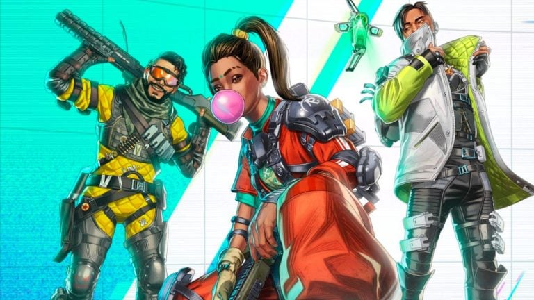 Mirage, Rampart, and Crpyto lean over in the Apex Legends season 20 graphic.