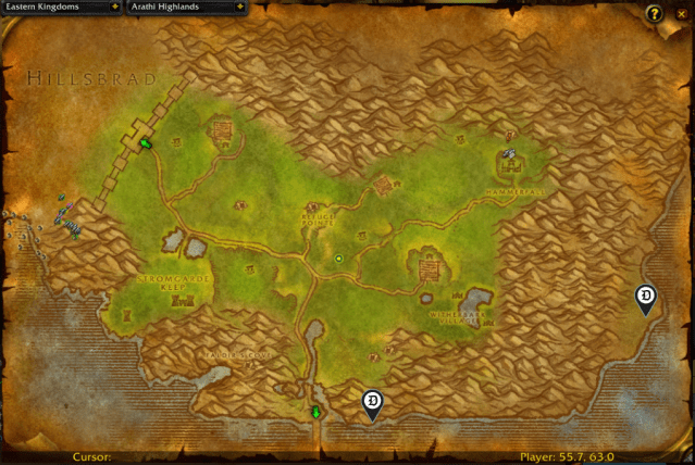 Locations of points of interest in Arathi Highlands for Mind Spike rune.