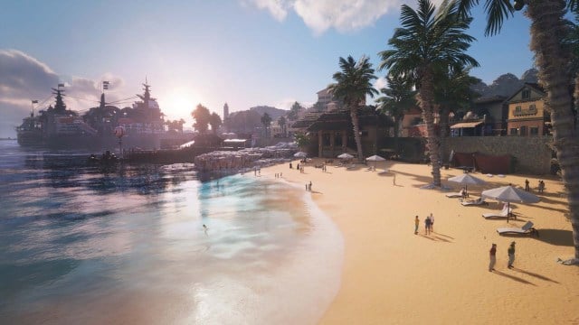 A Beach with a boat and people in FF7 Rebirth