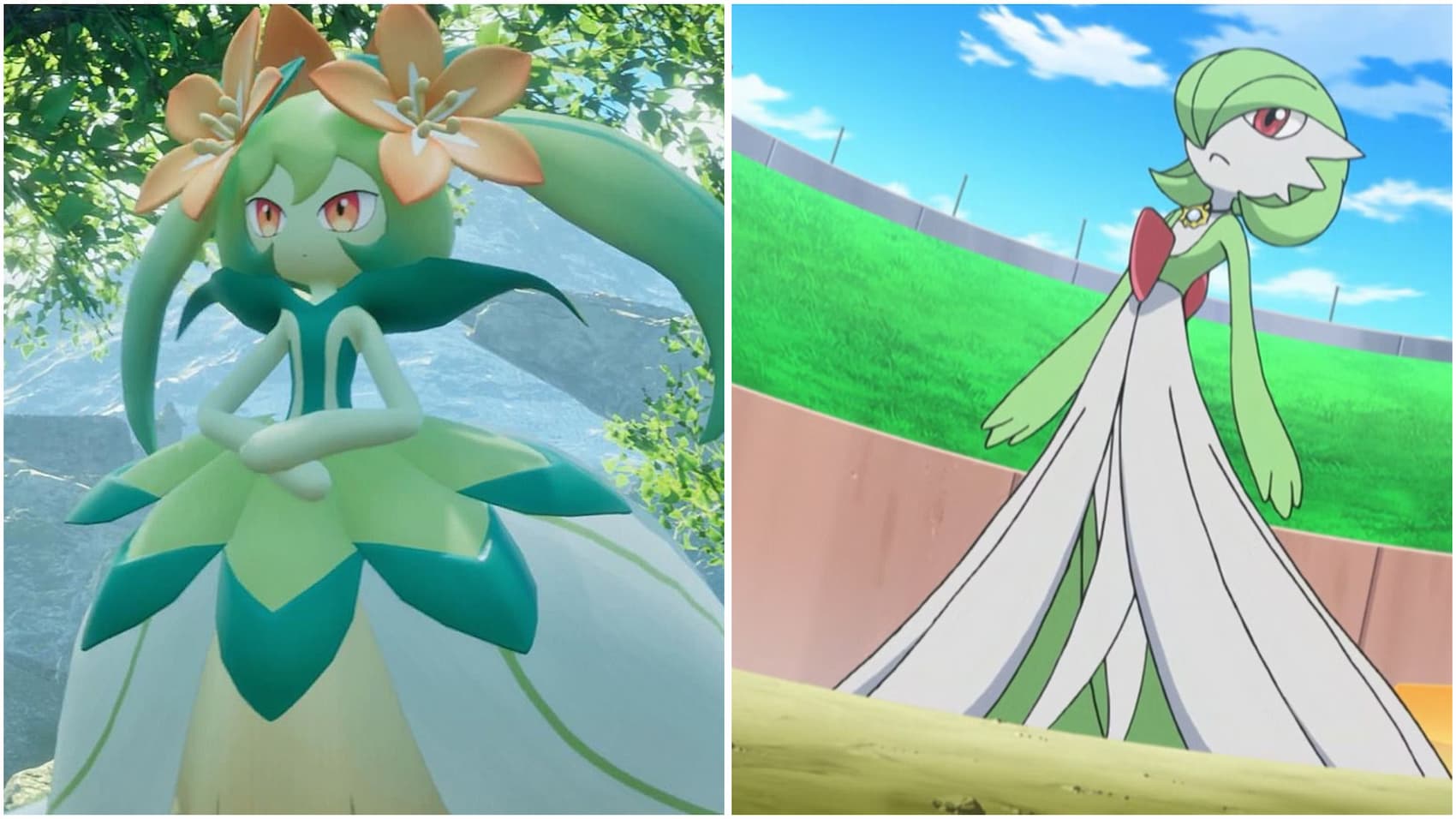 An image of the Palworld Pal Lyleen and the Pokemon Gardevoir