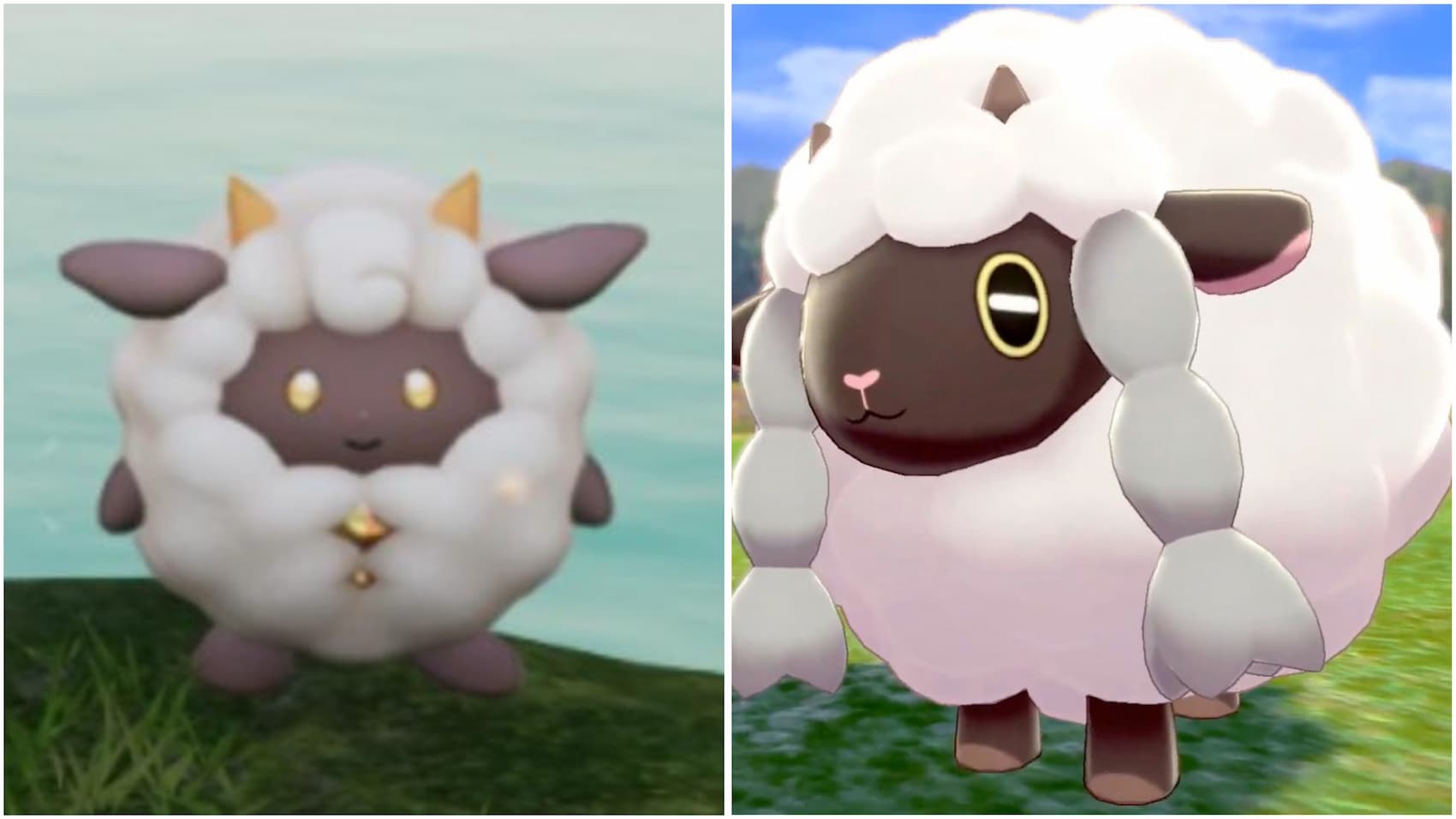 An image of the Palworld Pal Lamball and the Pokemon Wooloo