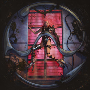 An image of the Chromatica cover from Fortnite Festival. This features Lady Gaga laying down on a pink metal grate in a battle outfit. 