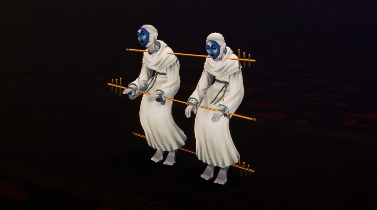 The Crazy Twins in Persona 3 Reload, two shadows connected to each other by a horizontal rod on their neck, wrists, and feet.