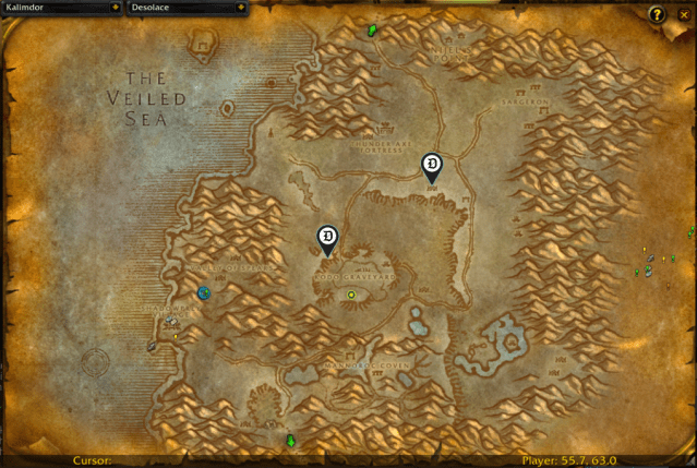 Locations of points of interest in Desolace for Mind Spike rune.