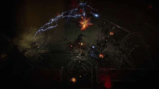 Diablo 4 characters fight as lightning streaks above.