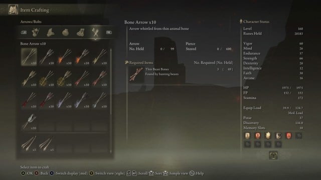 The Crafting Menu for Elden Ring, with the focus on the Bone Arrow item.