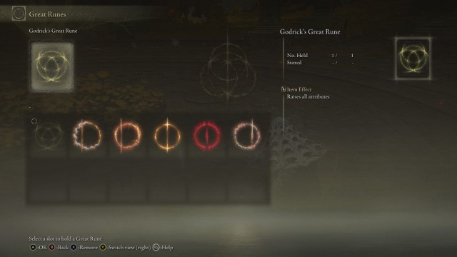 The six Great Runes of Elden Ring, shown in the Great Rune equipment menu.