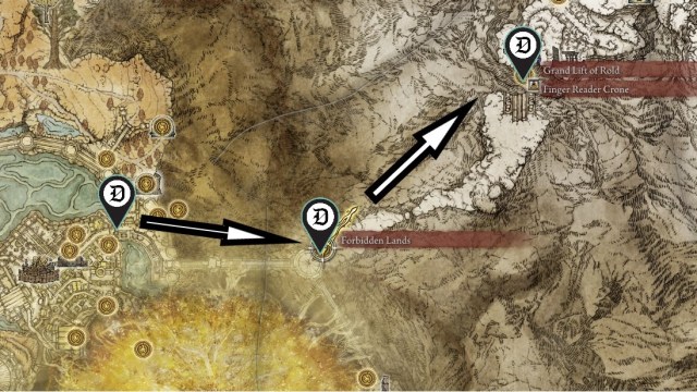 The path from Leyndell to the Grand Lift of Rold shown on the map of Elden Ring.