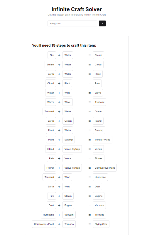 Flying Cow recipe procured via Infinite Craft Solver