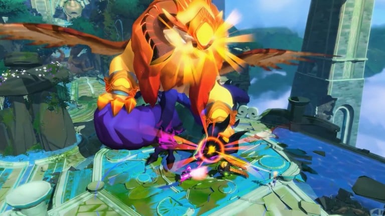 A large Sphinx-like creature pins down a snake-like one in Gigantic: Rampage Edition.