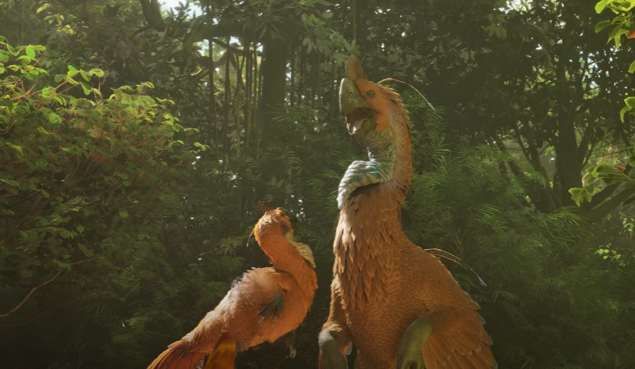 A Gigantoraptor with its baby in Ark Survival: Ascended.