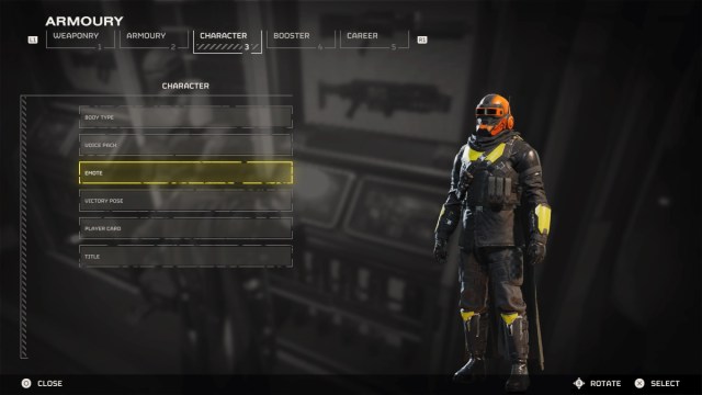 Emote tab under Character category in the Helldivers 2's Armory