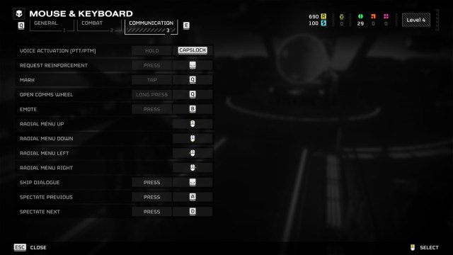 A screenshot of keybinds in Helldivers 2 on keyboard.