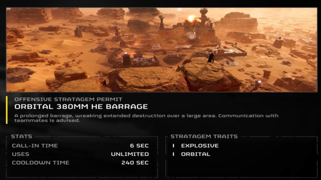 The description of the Orbital Barrage in Helldivers 2.