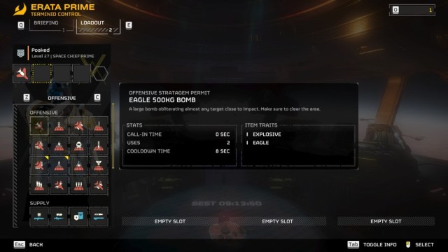 The screen for selecting Stratagems in Helldivers 2, selecting the 500kg bomb first.