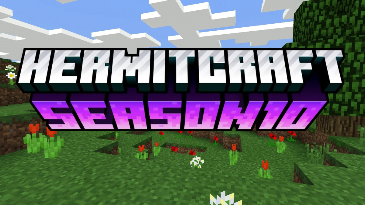 The Hermitcraft Season 10 logo over a field in Minecraft.