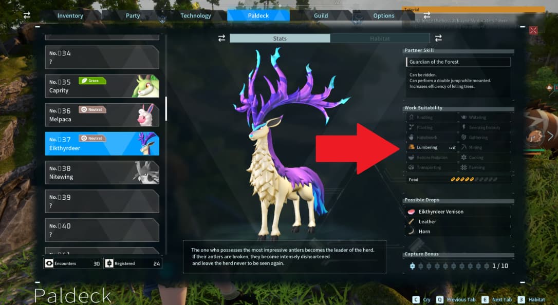 A screenshot from the Paldeck showing Eikthyrdeer, a purple and white deer-like creature with massive horns. To the side is a list of stats, including the Lumbering icon, which appears as a stack of logs.