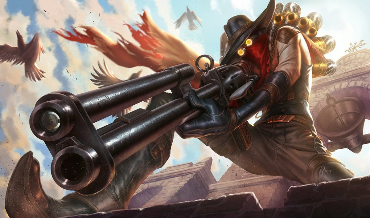 Jhin taking aim out of his two-barrel gun.