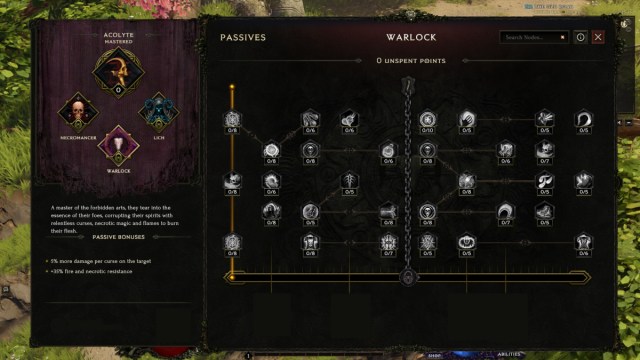 The Warlock passive tree from Last Epoch.