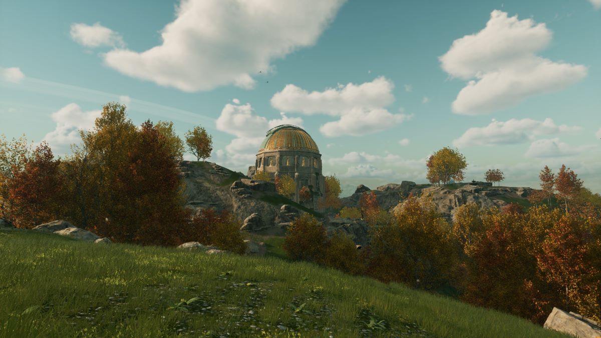 A Nightingale screenshot showing a planetarium in the distance of a forest.