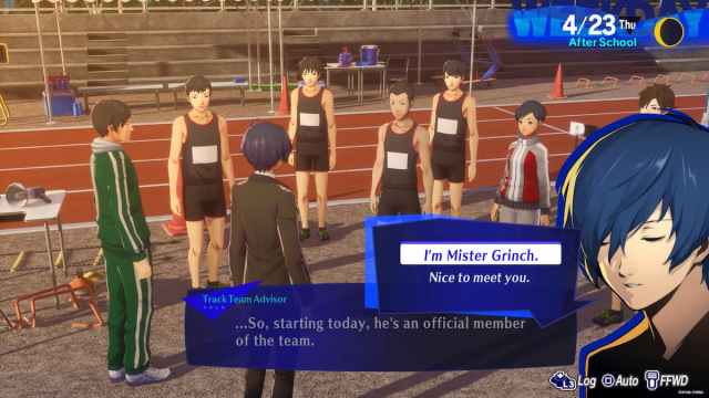 Track Team meeting from Persona 3 Reload with the main character picking a dialogue choice