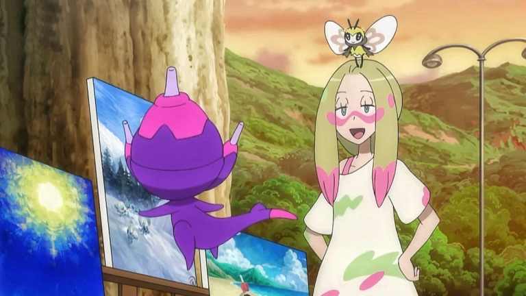 Mina and Poipole looking at artwork in the Pokémon anime.