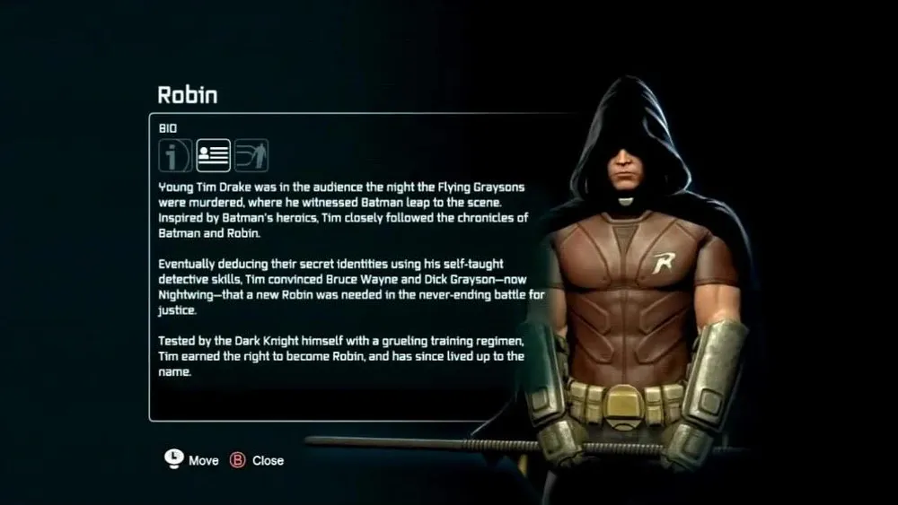 An in game image of Robins bio from Arkham City.