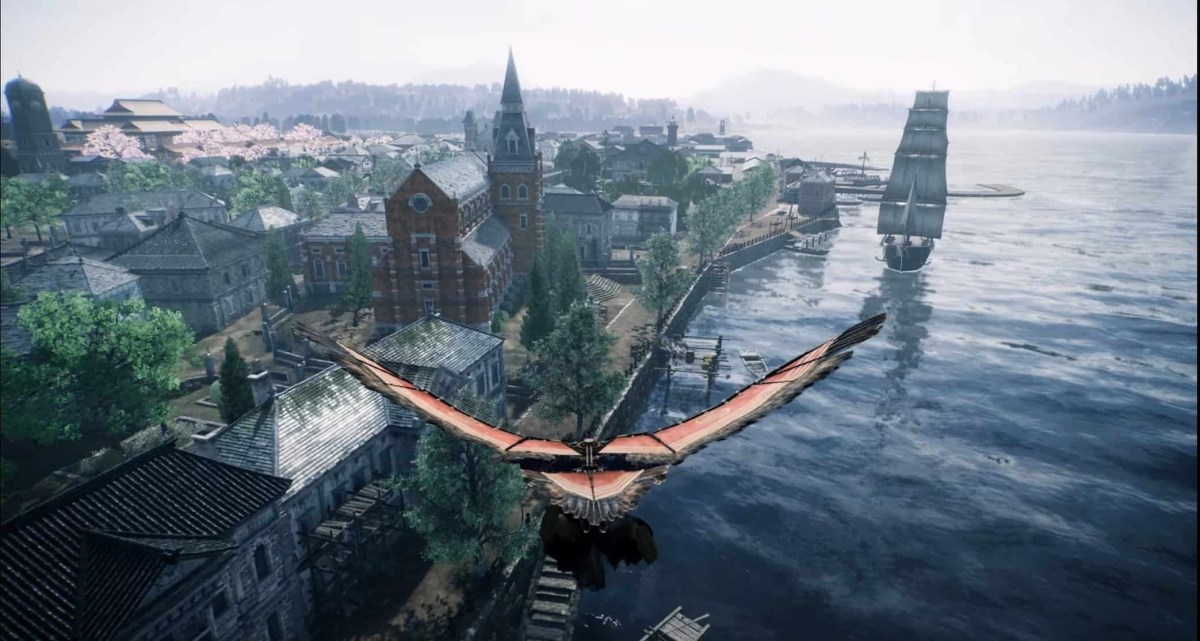 Rise of the Ronin screenshot of a character riding a flying machine