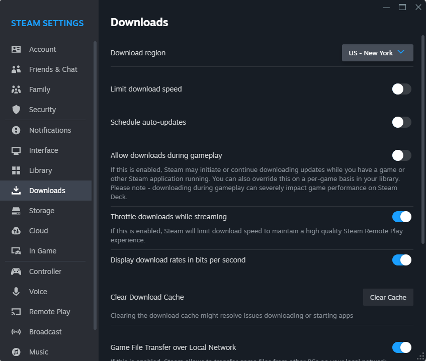 A screenshot of Steam's Download Settings menu.