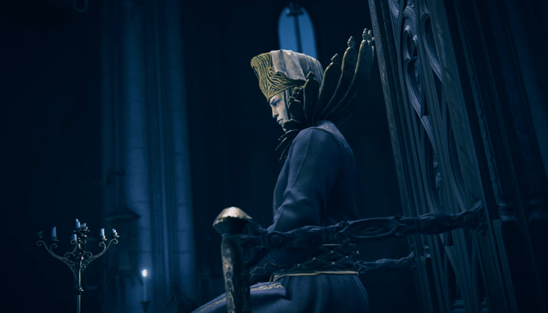 woman sitting in a chair in the Elden Ring Shadow of the Erdtree trailer