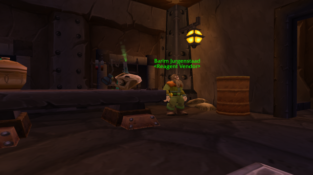 The Ironforge reagent vendor in his shop, Barim's reagents, in WoW Classic