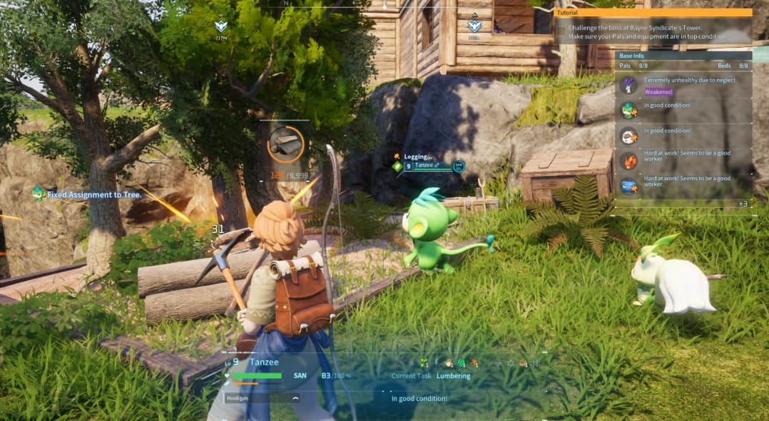 A Tanzee attacks a tree and produces logs of wood in Palworld.