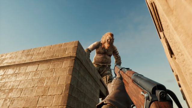 Player pointing a shotgun at a giant