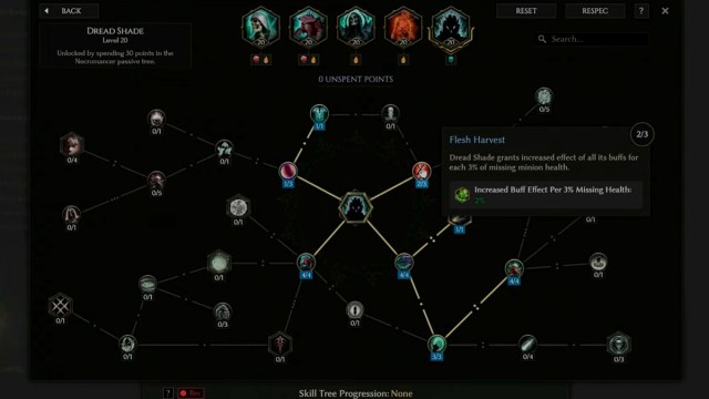 Completed Active Skill Tree for a Necromancer Build ideal for leveling up in Last Epoch