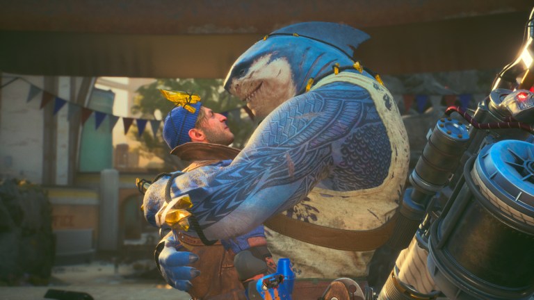 King Shark hugging Captain Boomerang in Suicide Squad: Kill the Justice League.