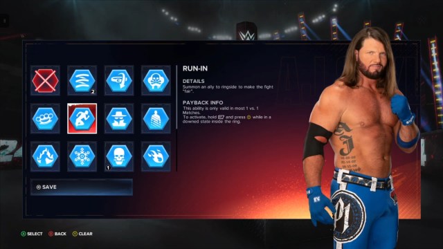 The Payback editor screen for AJ Styles in WWE 2K24.