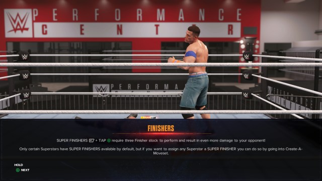 A tutorial screen in WWE 2K24 for the Super Finisher mechanic.