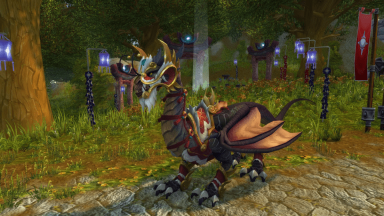 Winding Slitherdrake with Winding Slitherdrake: Lunar Festival Armor standing