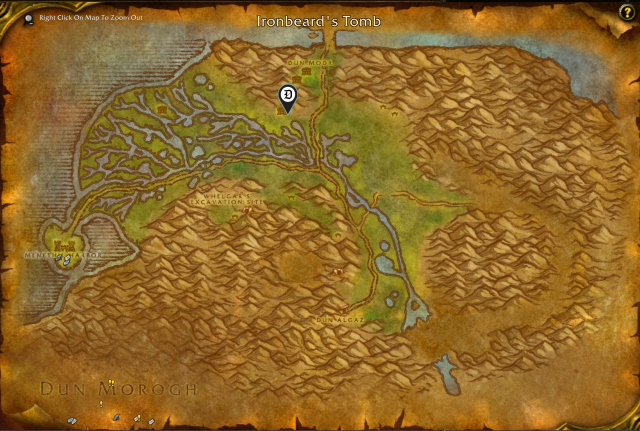 Map of the Wetlands in WoW Classic featuring a map pin over Ironbeard's Tomb.