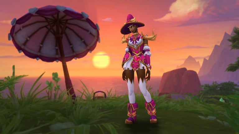 Female elf wearing Valentine's transmog in WoW