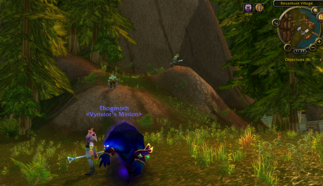 A WoW Classic character and their Voidwalker minion stand in front of a giant tree.