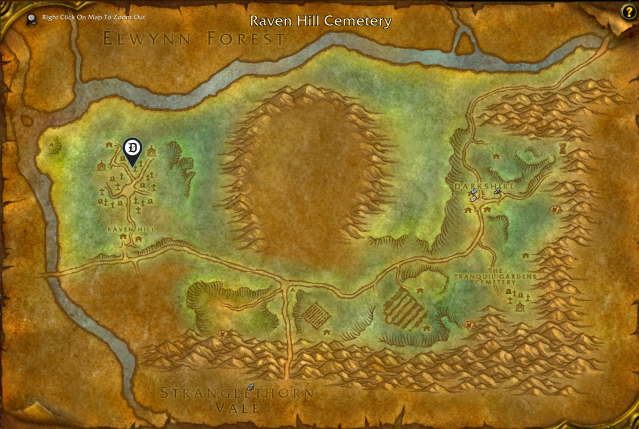 WoW Classic screenshot of Duskwood with a map pin hovering over Raven Hill Cemetery.