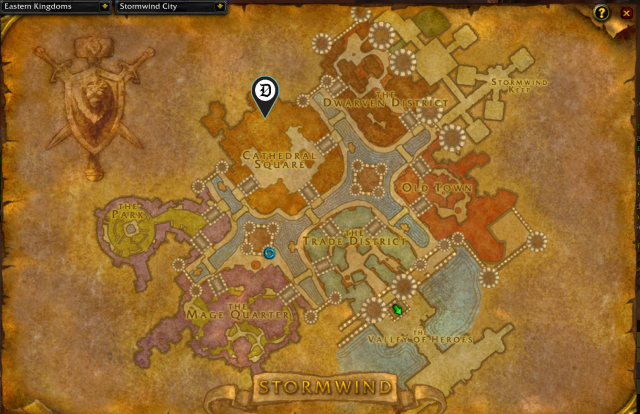 Map of Stormwind, showing where to start the Brother Anton quest.